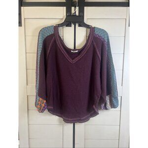 Hummingbird Top Women’s Boho Waffle Trim Balloon Long Sleeve Size M Western